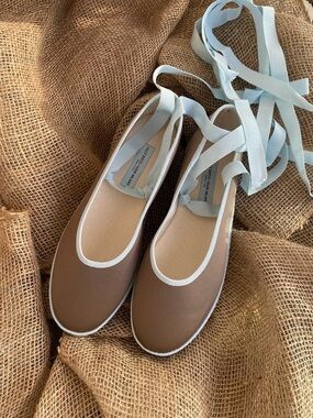Earl Gray Satin Ballet Flats with Light Blue Trim and Ties